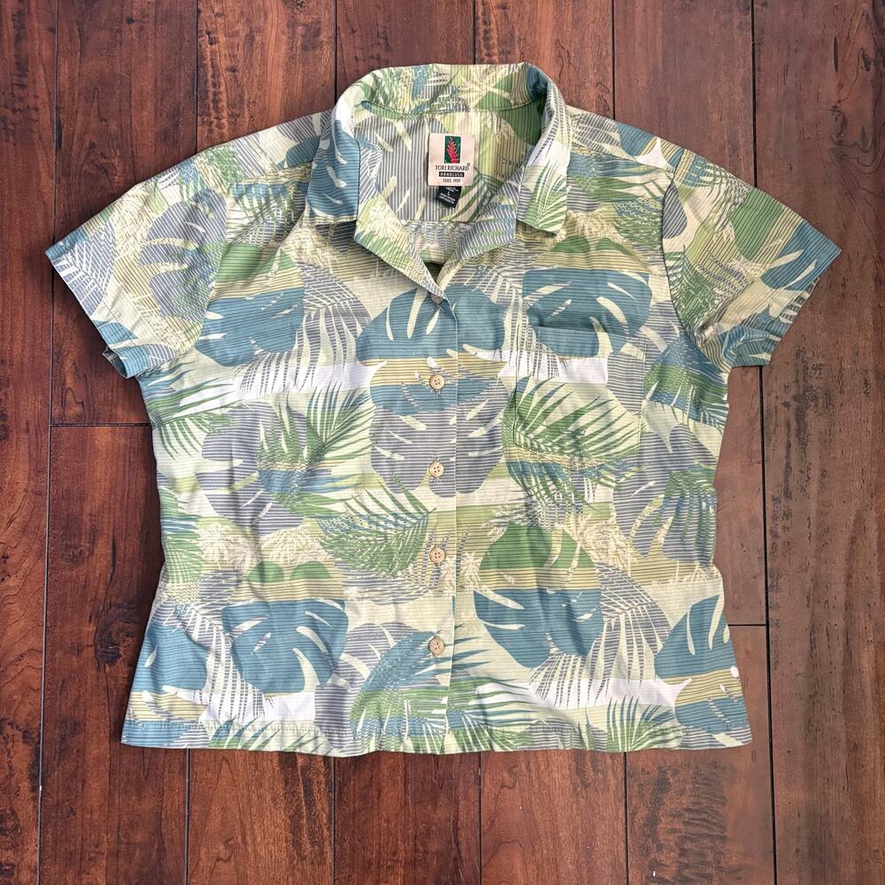 Tori Richard Hawaiian Camp Shirt Womens L Blue Green Palm Leaf Made in Hawaii